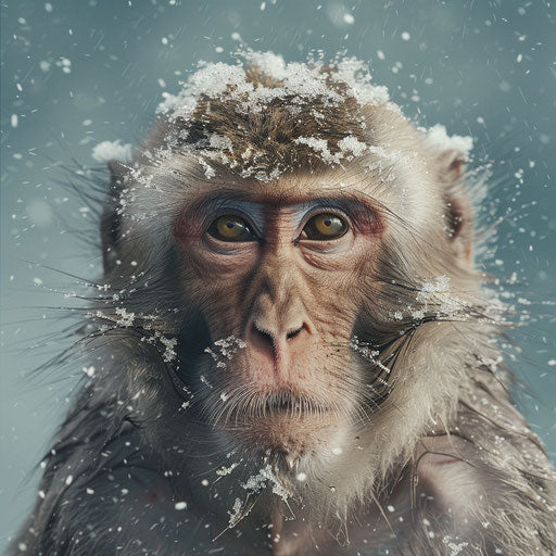 Rhesus monkey in a snowy and icy environment