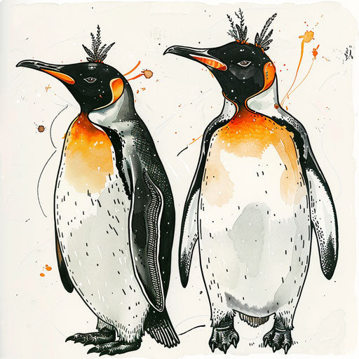 Playful tattoo sketch of king and queen penguins holding flippers, black and white with orange accents, clipart style