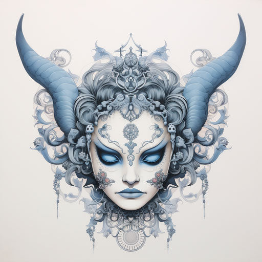 Blue face tattoo with wings horns unique yokai style
