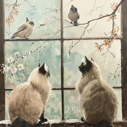 Two Himalayan cats watching birds from a window sill