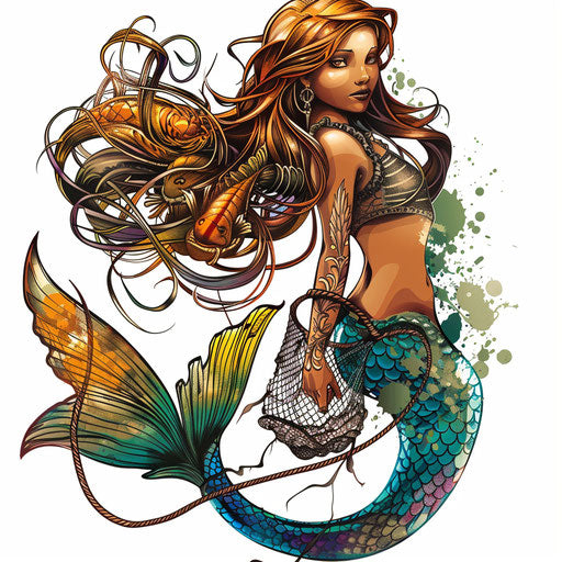 Fantasy illustration of a mermaid with a fishing net