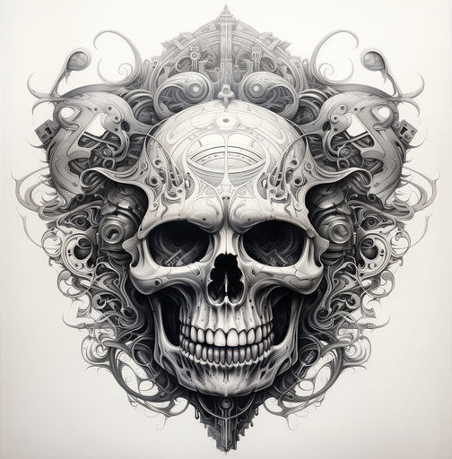 Skull in black and white with intricate designs, soft outlines