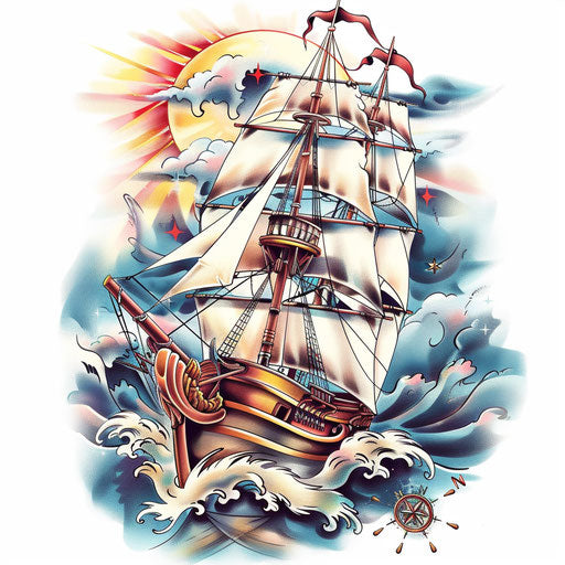 Classic nautical theme tattoo design: ship, compass, waves