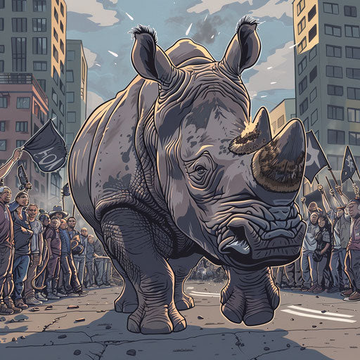 A rhino leads a peaceful protest for wildlife conservation.