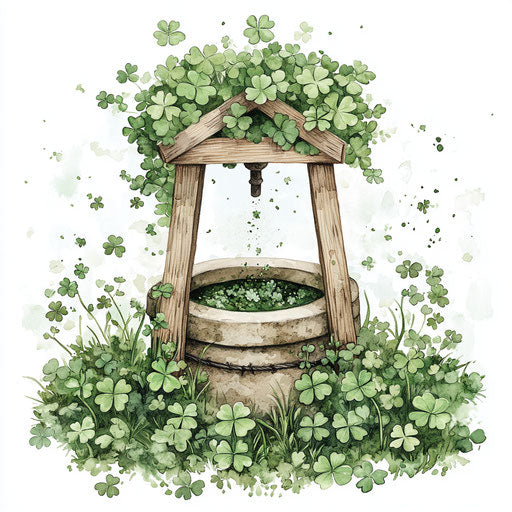 Traditional Irish well surrounded by clover, Johanna Basford style clipart, fantasy art print, magical St. Patrick's Day vibes, soft green and white tones, surrounded by shamrocks, watercolor, dreamy, sparkles, isolated on a clean background.