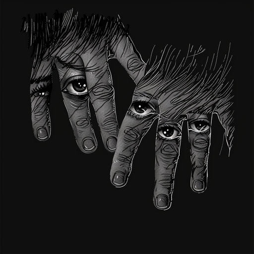 Dark tattoo sketch of a set of eerie eyes peeking through fingers