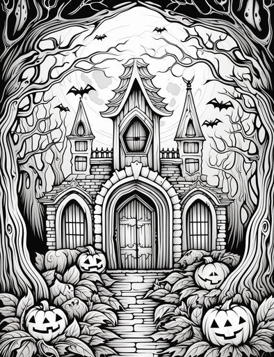 Halloween coloring pages for kids, allover composition style, pastel scenes, arched doorways