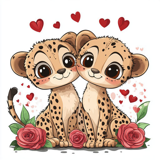 Cute cartoon baby cheetah couple in 2D for Valentine's Day