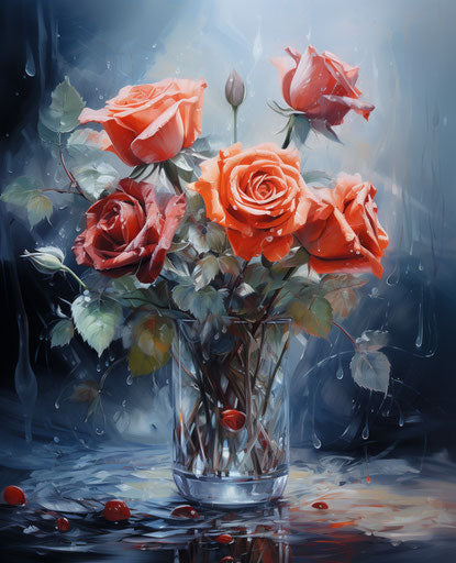 Red roses in an acrylic vase with an animated flower