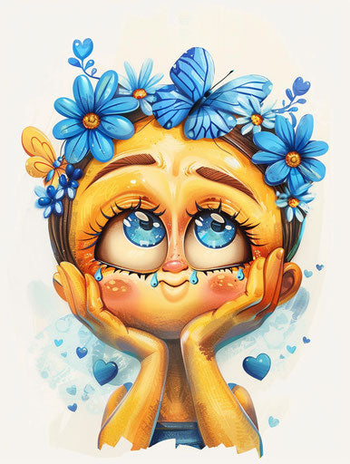 Joy and tears with emoji with giant head on white background