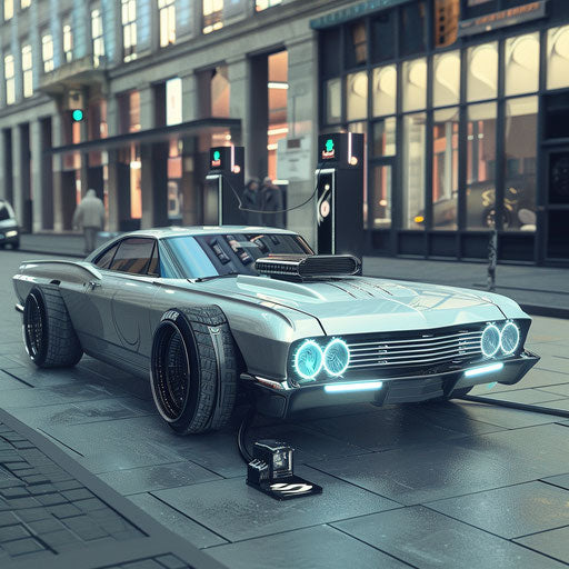 Electric 1967 Chevy Bel Air with futuristic design charging at urban station