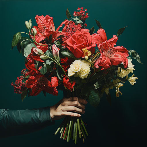 Flower bouquet on blue background, dark green and red style