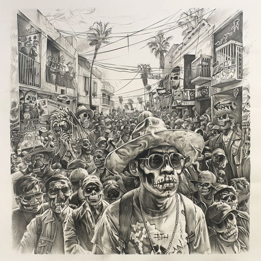 Tattoo sketch of a Chicano art street scene, detailed and vibrant