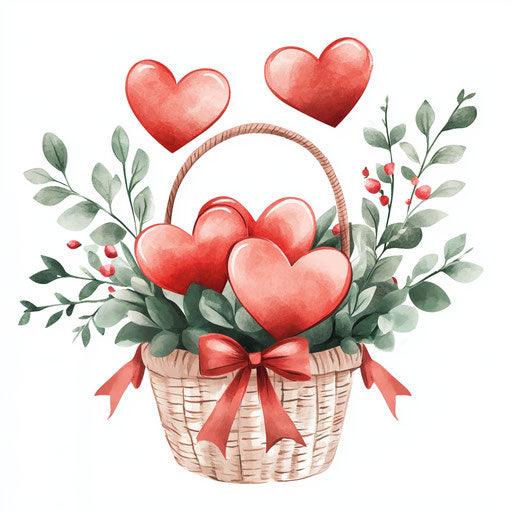 Valentine's Day basket of hearts with greenery and ribbon