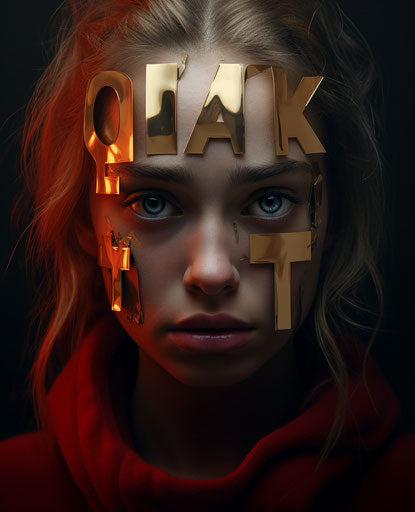 Sad face with 'I am okay' words, gold red style