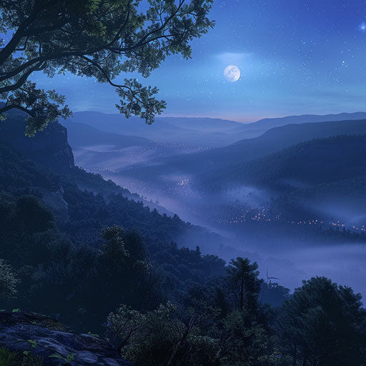 Appalachian mountain vista at night with mist