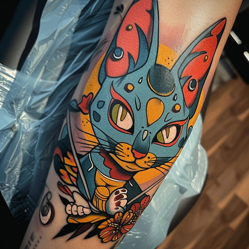 Cartoon tattoo sketch of a playful oriental cat