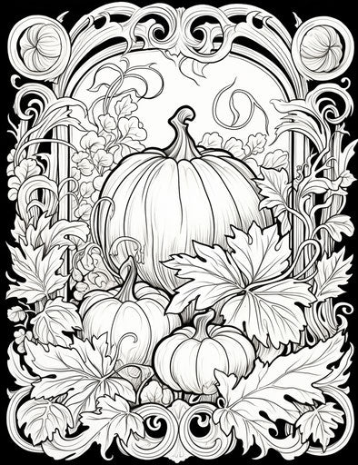 Thanksgiving coloring page of a pumpkin with leaves and flowers, in the style of artist's frame, naturalistic poses, tranquil gardenscapes, organic and flowing forms, limited color range, dutch and flemish 24:31
