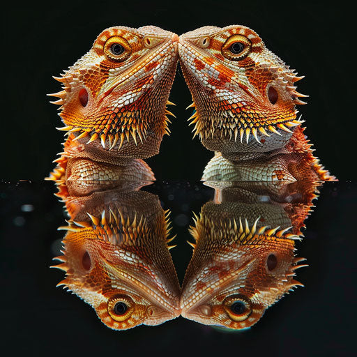 Bearded dragon beside its reflection, exploring identity and self-perception