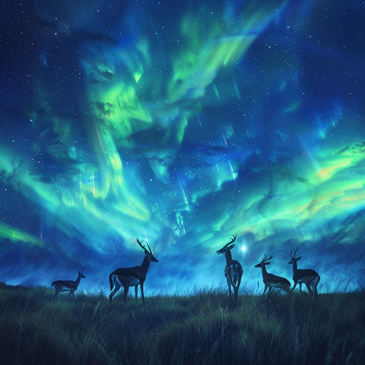 Gazelles under the northern lights, a surreal blend of natural wonders in a grassy field