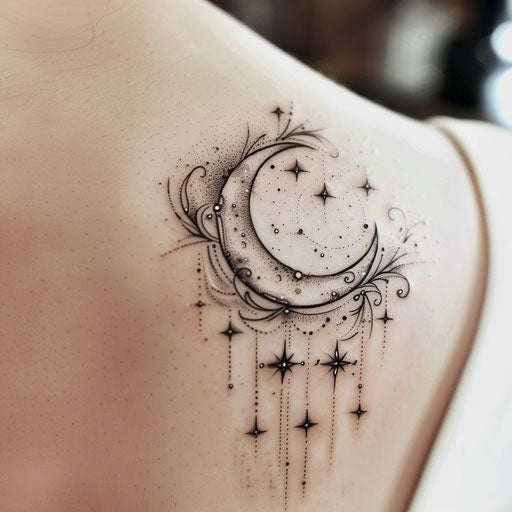 Sketch of a mystical moon with stars tattoo