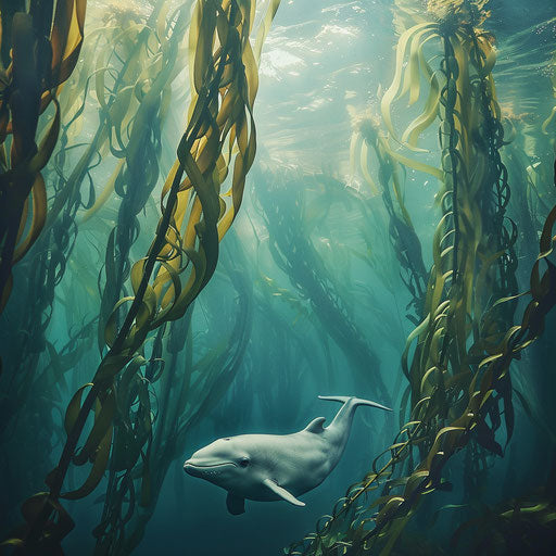 Beluga sliding through a kelp forest