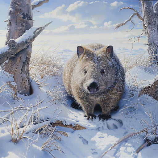 A frost-covered wombat emerging from its burrow on a crisp winter morning, with a snowy landscape in the background.