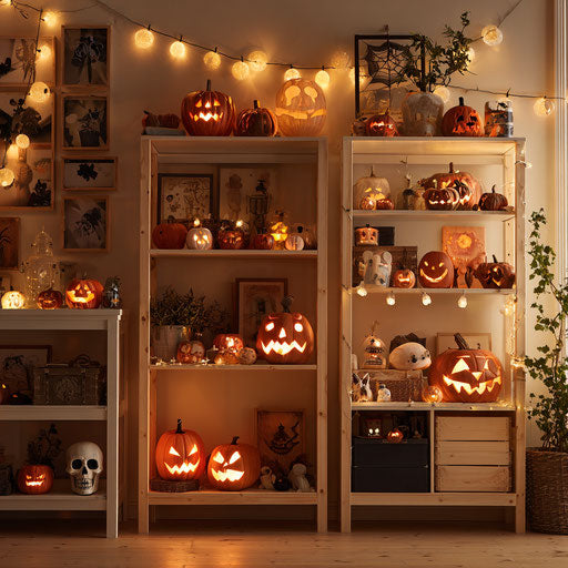 Halloween Decorations on Bright Shelves