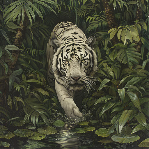 A white tiger sneaking through a dense green rainforest