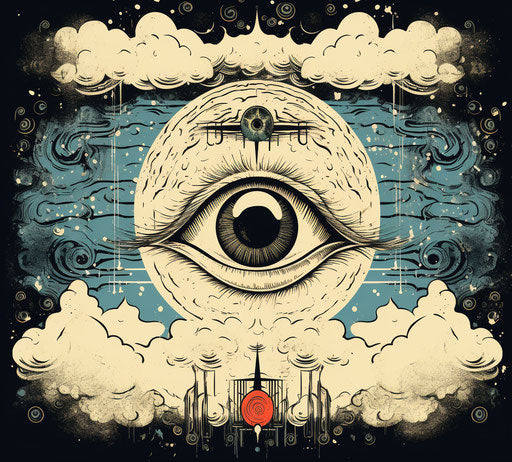 All seeing eyes of the cloud, bold outline style, cloudpunk