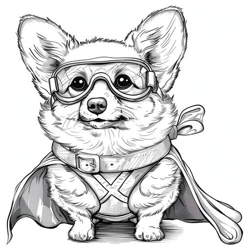 Whimsical cartoon corgi in superhero cape and mask