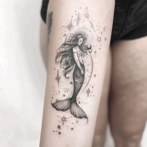 Galactic mermaid tattoo blending space elements on white background