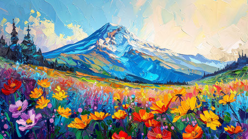 Colorful mountain under sunny sky with various flowers