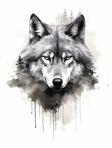 Black and white wolf head drawing, free brushwork style, textured illustration 29:38