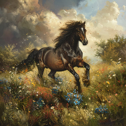 Wild horse running in a wildflower meadow