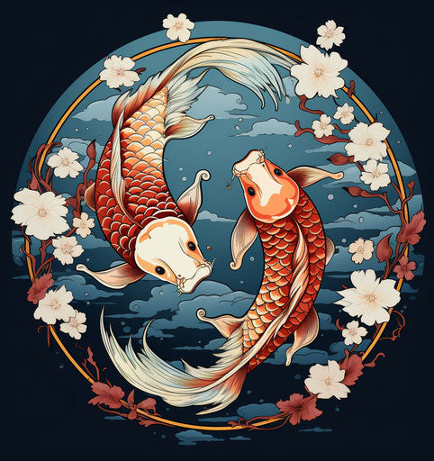 Two koi fish in a circle on blue background