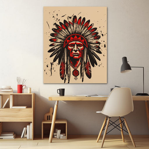 Indian chief with indian headdress on beige canvas