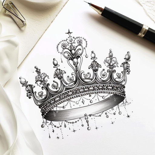 Elegant queen crown tattoo sketch with delicate lace patterns and subtle pearl accents on white paper
