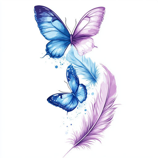 Butterfly and feathers in blue and purple on white