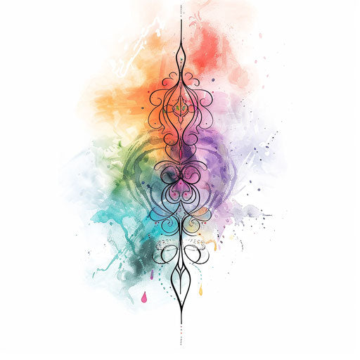 Illustration of a delicate unalome tattoo design with watercolor splashes in pastel colors, displayed on a white background.