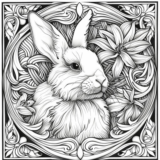 Art Nouveau bunny surrounded by decorative lines. Coloring book page