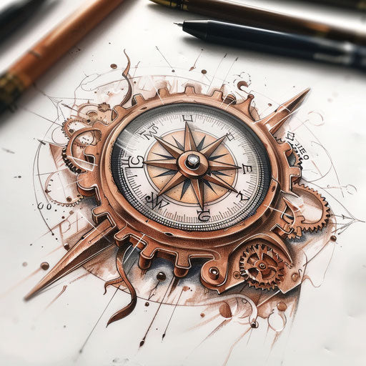 Steampunk tattoo sketch of a compass rose with gears and copper tones