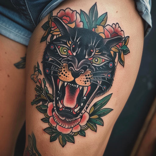 Thigh tattoo with a fierce panther, in the style of Ami James
