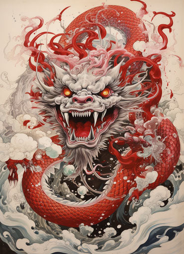 Japanese dragon tattoo, silkscreen style, light gray and maroon