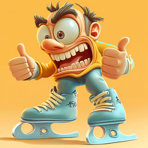Humorous caricature of ice skate with human characteristics