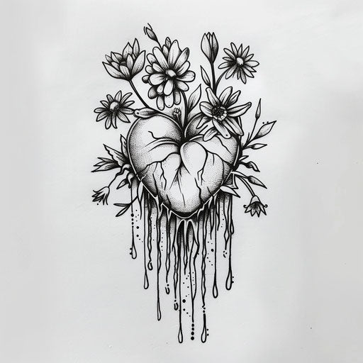 Nature-inspired flat tattoo sketch of a crying heart with flowers