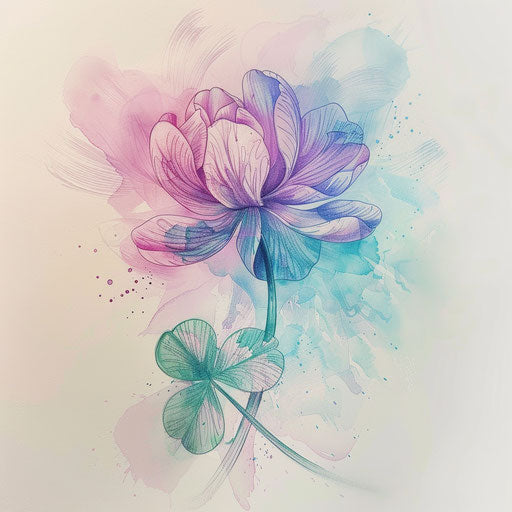 Ethereal tattoo sketch of a clover with soft watercolor washes