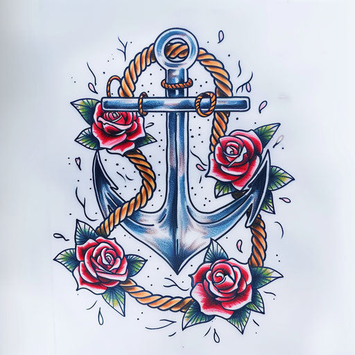 Nautical anchor and roses tattoo in traditional style