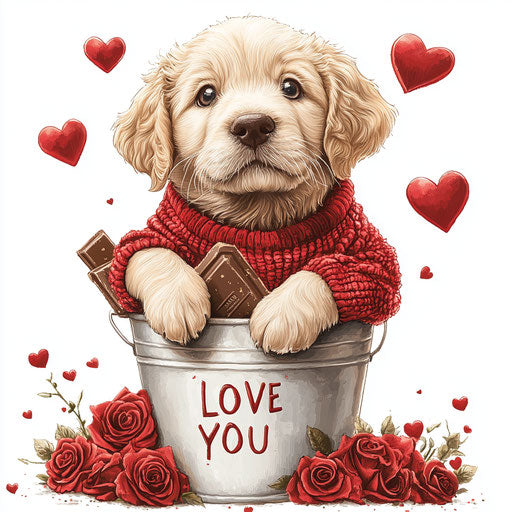 Adorable puppy in red sweater in bucket of roses and hearts