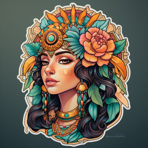 Ancient Fred sticker, in the style of neotraditional, beautiful women